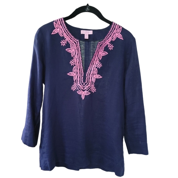 Lilly Pulitzer Amelia Island Tunic Top Blouse XXS Navy Linen Embroidered V-Neck - Picture 2 of 13